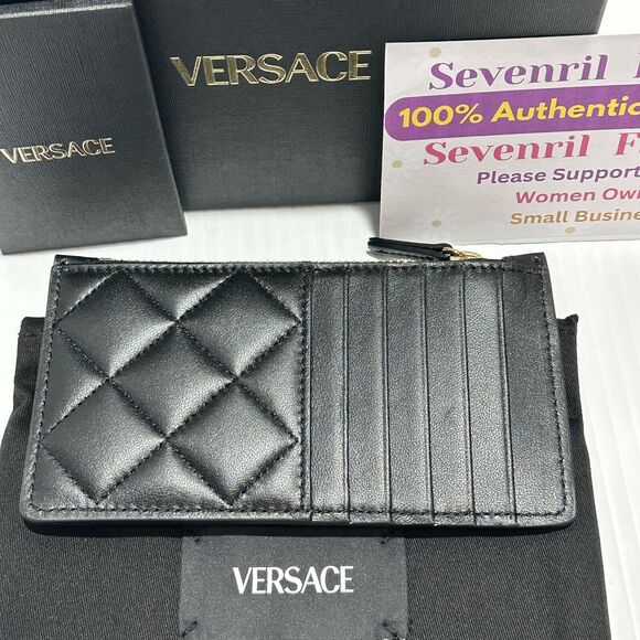 Versace Medusa Card Case Holder Wallet Black Quilted Leather Top Zip NIB - Picture 5 of 10